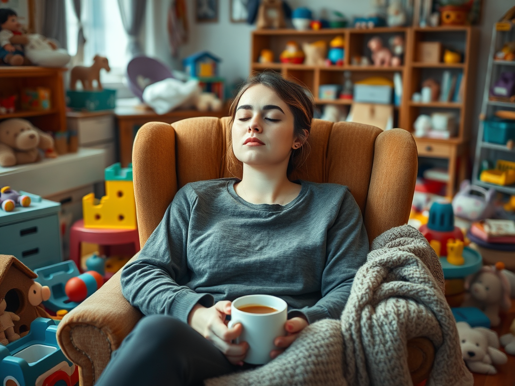 A young mother sits in a worn armchair with her eyes closed and a cup of coffee in her hands. Her brow is slightly furrowed, and a clutter of children's toys is scattered behind her. She is suffering from parenting anxiety